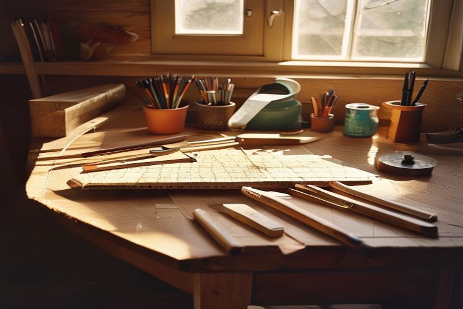 Professional tiling tools arranged on a timber workbench