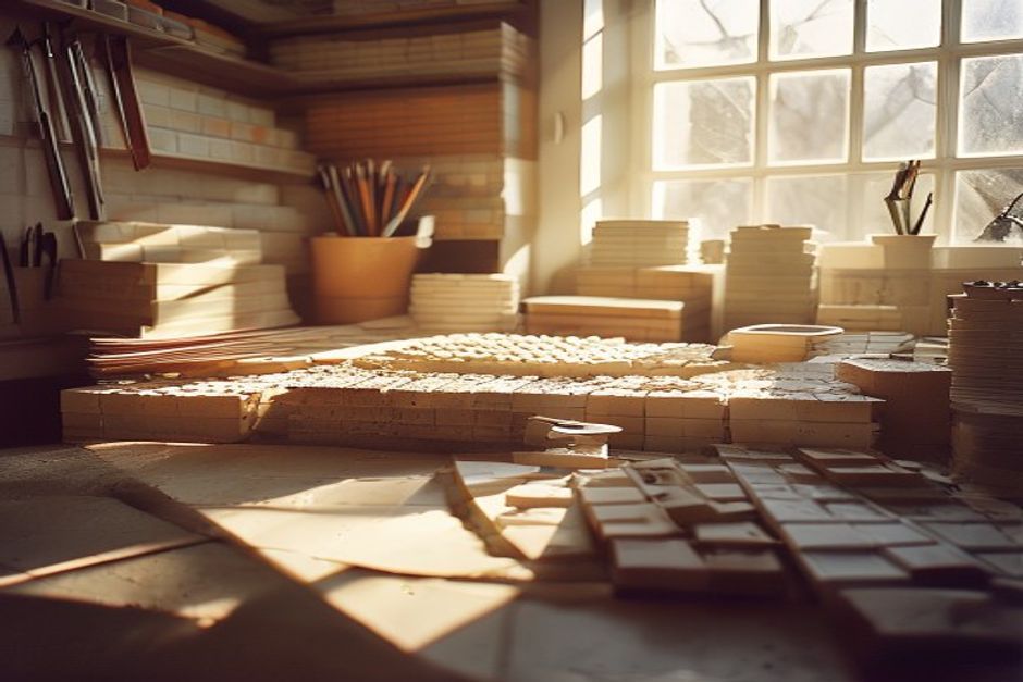 Professional tiling workspace with tools and materials