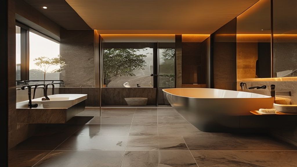 Premium tiled bathroom interior with warm ambient lighting and contemporary fixtures