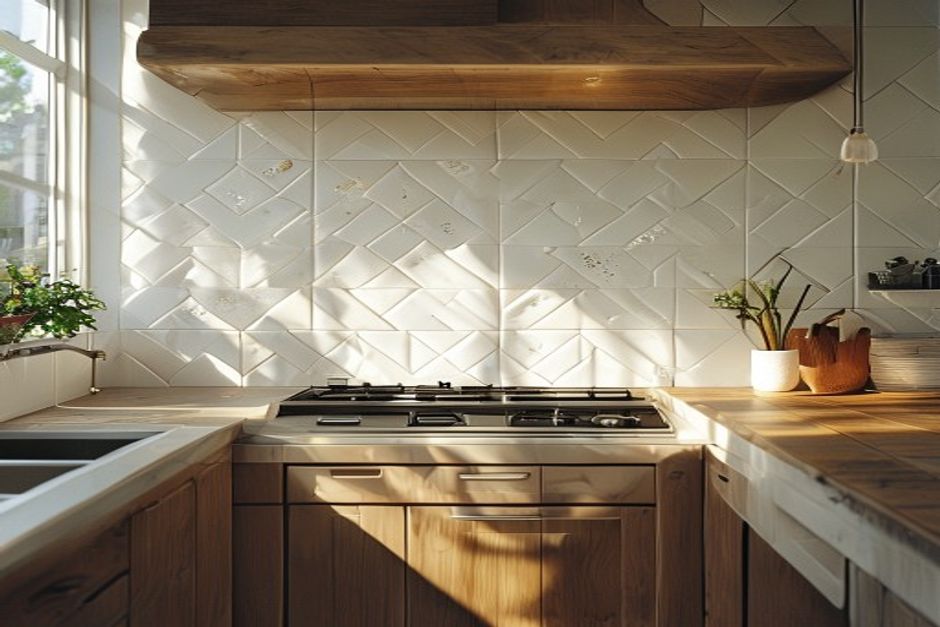 Detail of a precision-cut kitchen tile splashback